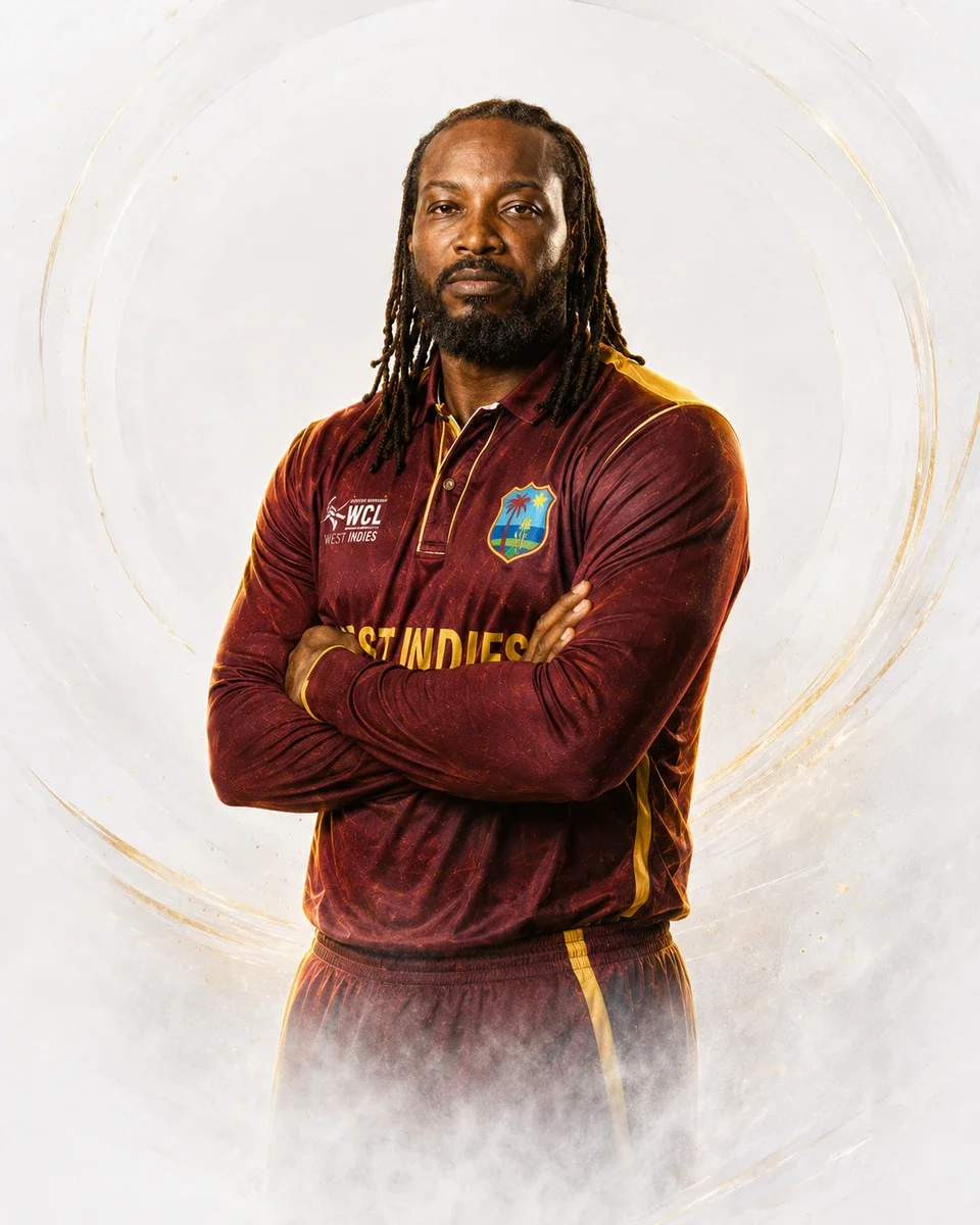 Chris Gayle in West Indies Champions campaign kit
